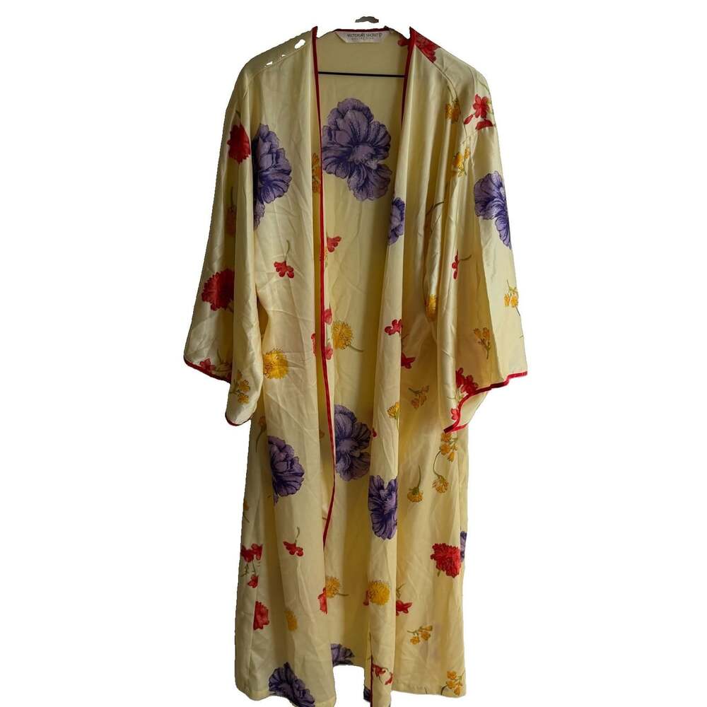 Vintage Victoria Secret Gold Label Satin Floral Kimono Robe Yellow Purple Red L